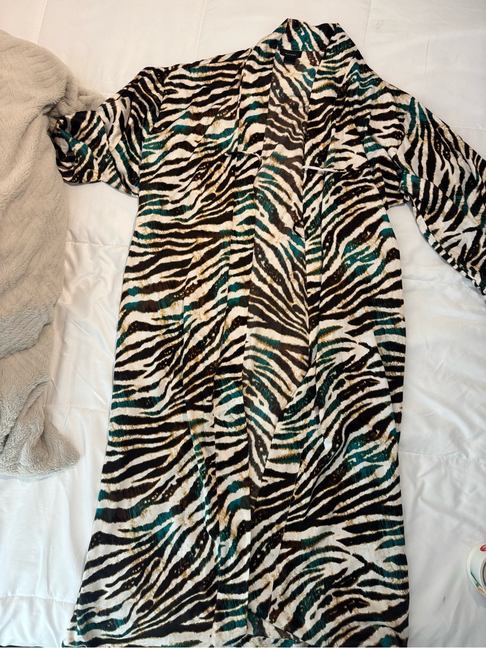 Natori Teal, Brown & Cream Satin Zebra-Print Robe